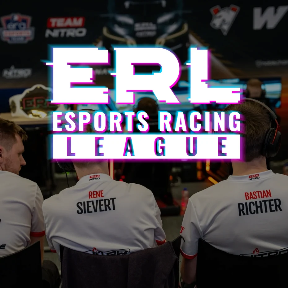 The ERL Esports Racing League logo over Team Nitro players watching the final from the stands